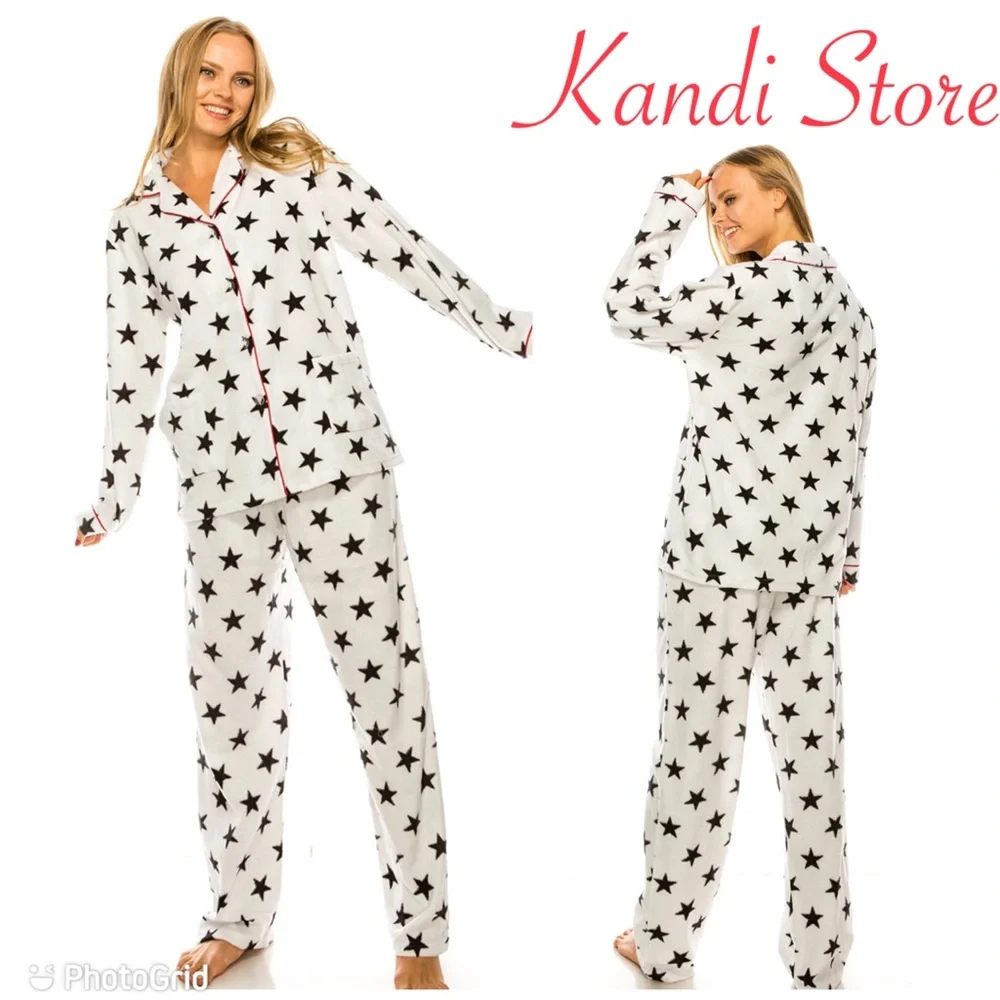 Star covered Black and White 2 Piece Pajama Set with Red Piping - Picture 1 of 6